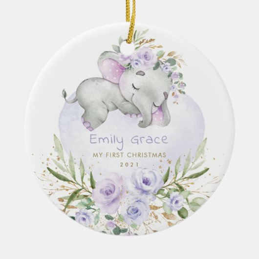 Baby 1e Eerste Kerstdag Paarse Floral Elephant Keramisch Ornament (Voorkant)