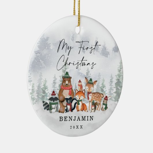 Baby 1e Eerste Kerstdag Snowy Winter Woodland Keramisch Ornament (Rechts)