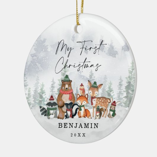 Baby 1e Eerste Kerstdag Snowy Winter Woodland Keramisch Ornament (Links)