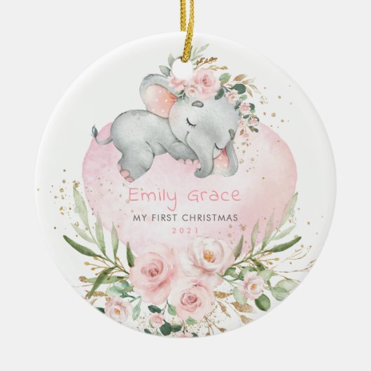 Baby 1e eerste kerstviste blush Floral Elephant Keramisch Ornament (Voorkant)