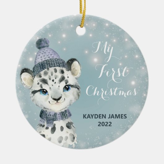 Baby 1e Eerste Kerstwinter Waterverf leopard Keramisch Ornament (Voorkant)