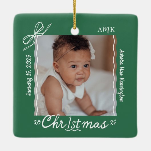 Baby 1e Kerst Minimale Hand Getrokken Krabbel Bow Keramisch Ornament (Achterkant)