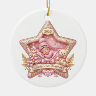 Baby 1e Kerst Roze Ster Met Eigen Naam Ornament