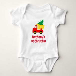 Baby 1e kerstboom op rode vrachtwagen romper