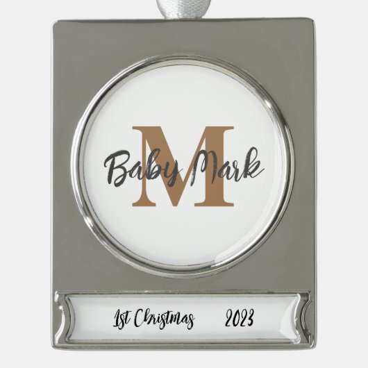 Baby 1e kerstboom ornament unisex monogram verzilverd banner ornament (Voorkant)
