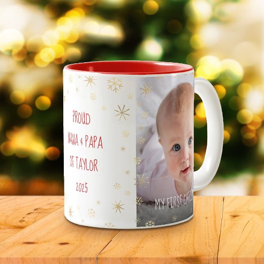 Baby 1e Kerstdag Grootouders Snowflakes 2 Foto Tweekleurige Koffiemok