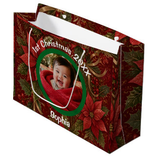 Baby 1e Kerstmis Bloemrijk Dieprood Foto Naam Jaar Groot Cadeauzakje