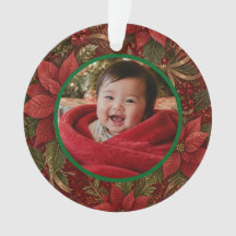 Baby 1e Kerstmis Bloemrijk Dieprood Foto Naam Jaar