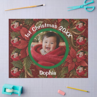 Baby 1e Kerstmis Bloemrijk Dieprood Foto Naam Jaar Tissuepapier