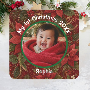 Baby 1e Kerstmis Bloemrijk Dieprood Foto Naam Jaar Vierkante Sticker