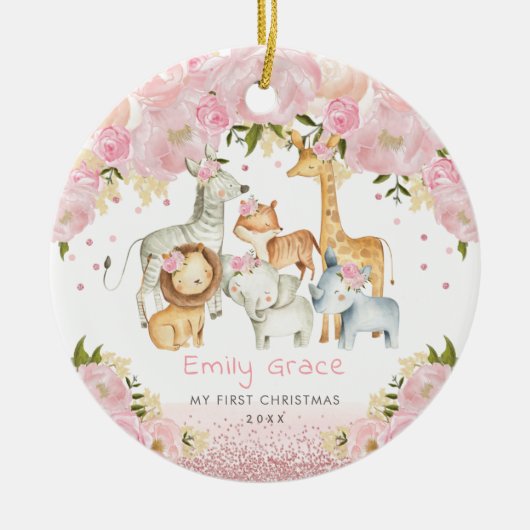 Baby 1e Kerstmis: Blush Roos Gold Safari Keramisch Ornament (Voorkant)