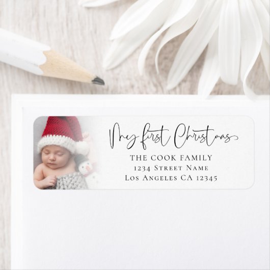Baby 1e Kerstmis foto Overlay Retouradres Etiket (Insitu)