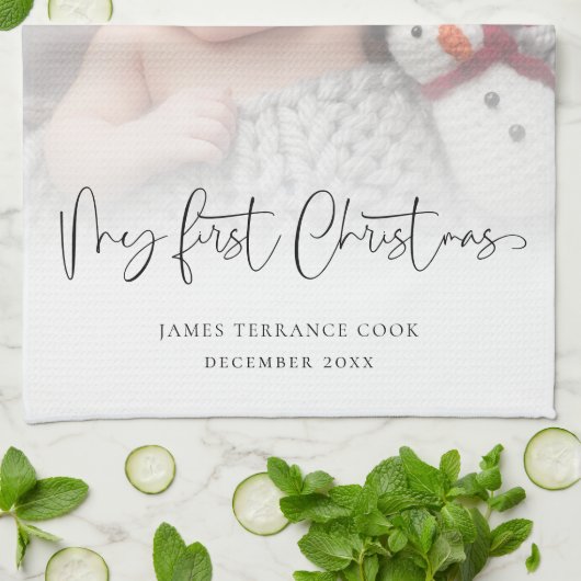 Baby 1e Kerstmis Foto Overlay Script Naam Jaar Theedoek (Gevouwen)