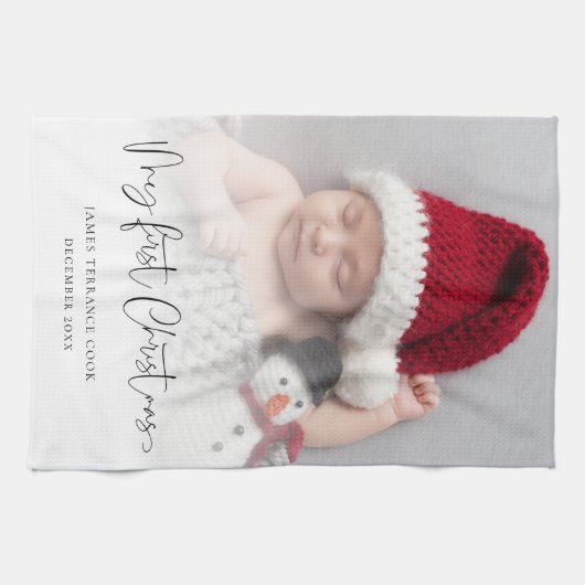 Baby 1e Kerstmis Foto Overlay Script Naam Jaar Theedoek (Horizontaal)