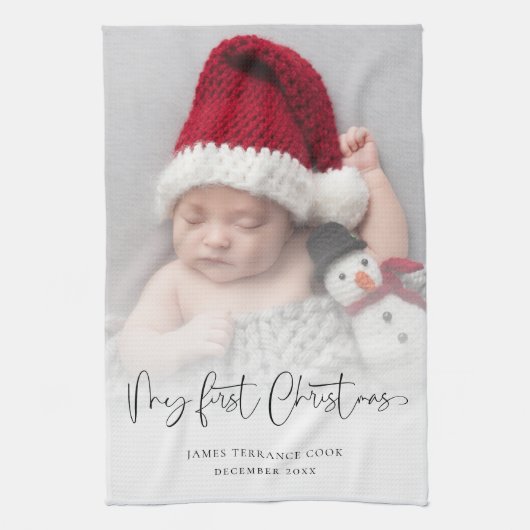 Baby 1e Kerstmis Foto Overlay Script Naam Jaar Theedoek (Verticaal)