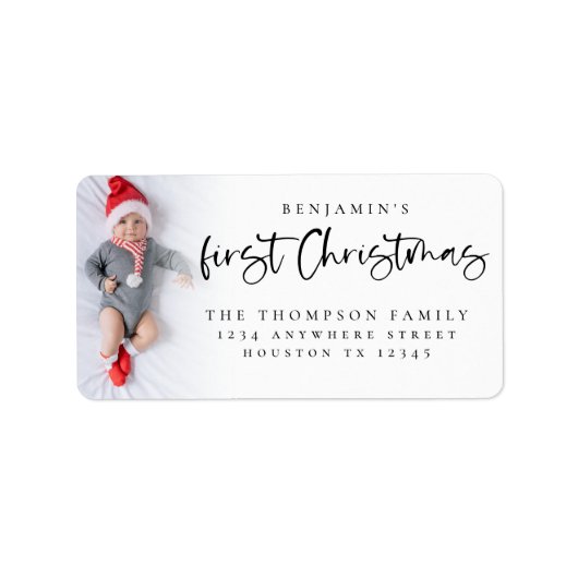 Baby 1e Kerstmis Fotonaam Retouradres Etiket (Voorkant)