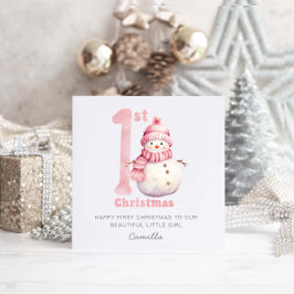 Baby 1e Kerstmis Schattige Roze Sneeuwman Feestdagenkaart