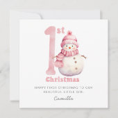 Baby 1e Kerstmis Schattige Roze Sneeuwman Feestdagenkaart (Voorkant)
