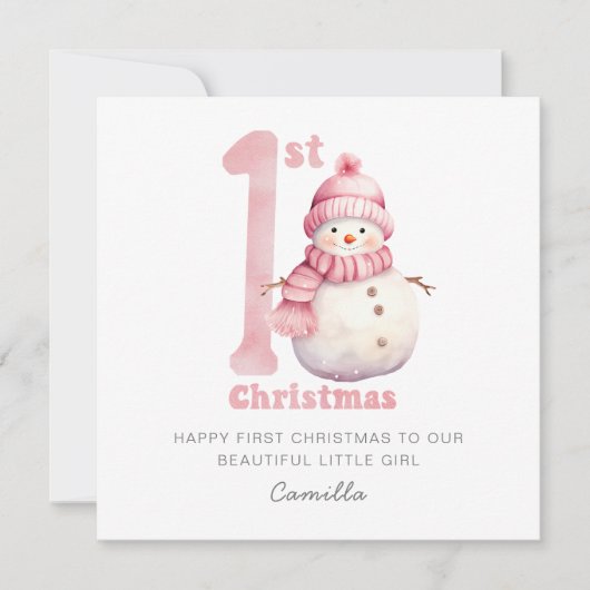 Baby 1e Kerstmis Schattige Roze Sneeuwman Feestdagenkaart (Voorkant)