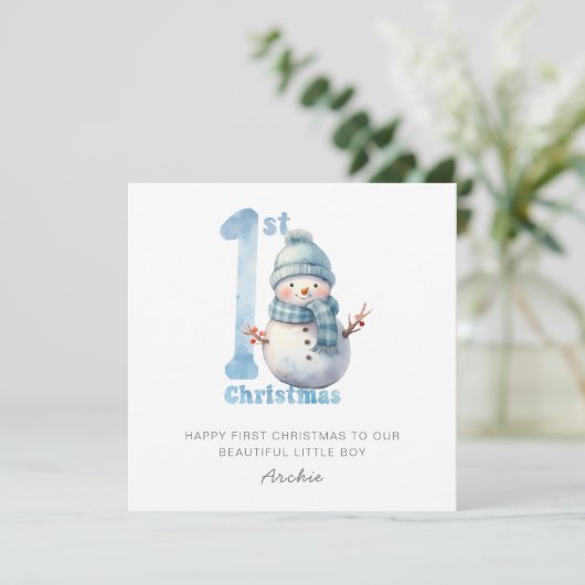 Baby 1e Kerstmis Schattigee Sneeuwman Feestdagenkaart (Staand voorkant)