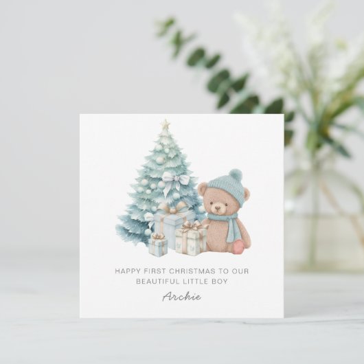 Baby 1e Kerstmis Schattigee Teddybeer Feestdagenkaart (Staand voorkant)