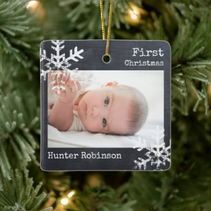 Baby 1e Kerstmis Sneeuwvlokken Antracietgrijs Foto Keramisch Ornament