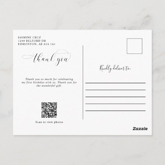 Baby 1e verjaardag Bedankt Elegant Script QR-code Briefkaart (Achterkant)