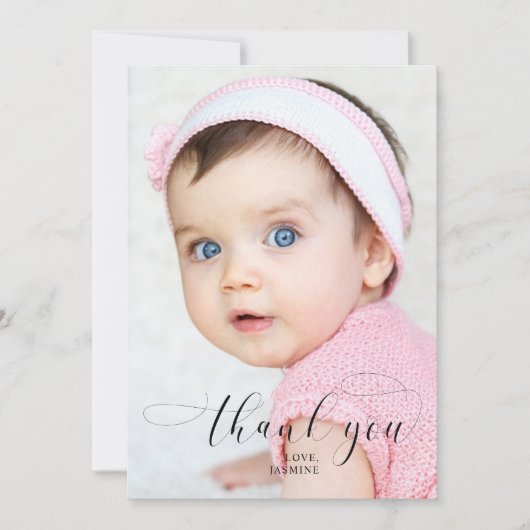 Baby 1e verjaardag Dank u Elegant Manuscript Swash Bedankkaart (Voorkant)