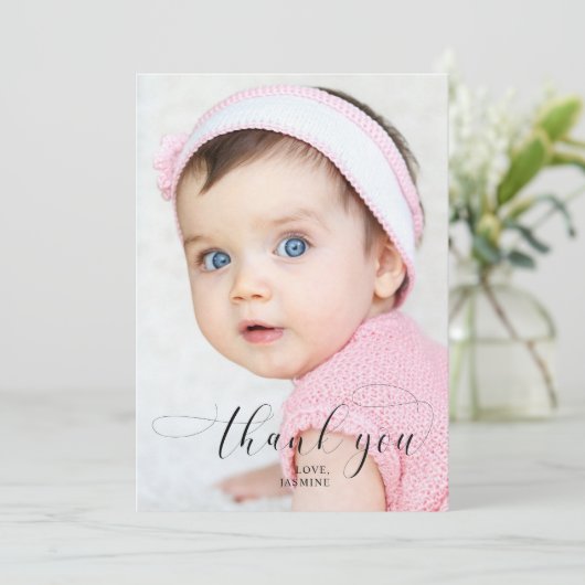 Baby 1e verjaardag Dank u Elegant Manuscript Swash Bedankkaart (Staand voorkant)