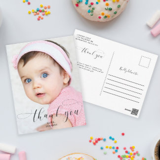 Baby 1e verjaardag Dank u Elegant Manuscript Swash Briefkaart