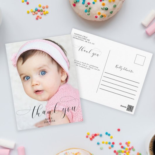 Baby 1e verjaardag Dank u Elegant Manuscript Swash Briefkaart