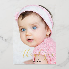 Baby 1e verjaardag Dank u Elegant Manuscript Swash Folie Feestdagenkaart