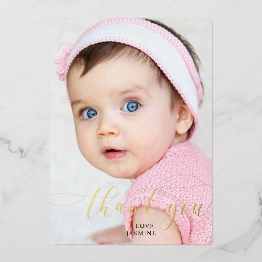 Baby 1e verjaardag Dank u Elegant Manuscript Swash Folie Feestdagenkaart (Voorkant)