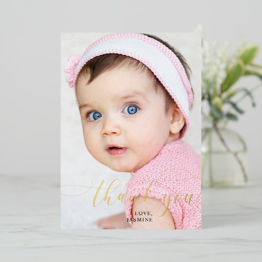 Baby 1e verjaardag Dank u Elegant Manuscript Swash Folie Feestdagenkaart (Staand Voorkant)