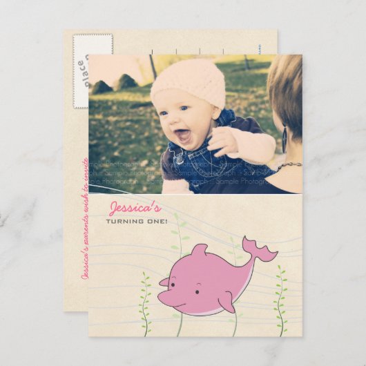 Baby 1e verjaardag Dolphin nodigt Kaart uit (Voorkant / Achterkant)