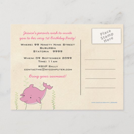 Baby 1e verjaardag Dolphin nodigt Kaart uit (Achterkant)