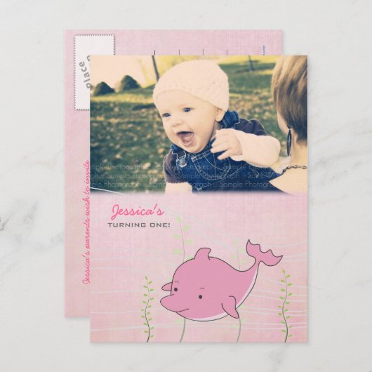 Baby 1e verjaardag Dolphin nodigt Kaart uit (Voorkant / Achterkant)