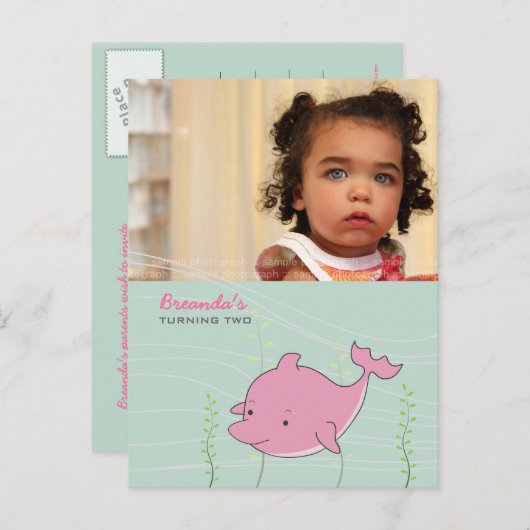 Baby 1e verjaardag Dolphin nodigt Kaart uit (Voorkant / Achterkant)