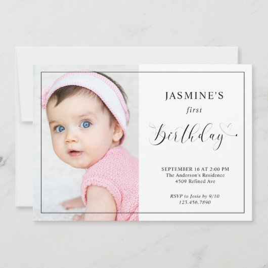 Baby 1e Verjaardag Elegant Script Swashes Foto Kaart (Voorkant)