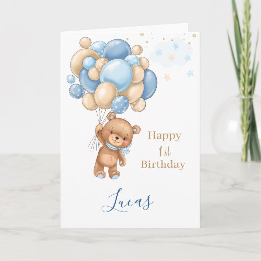 Baby 1e verjaardag Teddy Bear Blue Balloons Kaart (Voorkant)