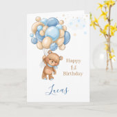 Baby 1e verjaardag Teddy Bear Blue Balloons Kaart (Gele Bloem)