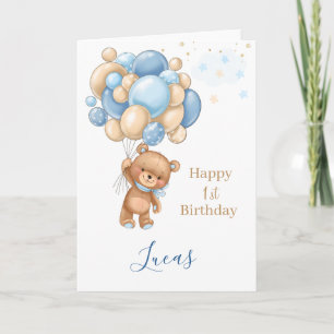 Baby 1e verjaardag Teddy Bear Blue Balloons Kaart