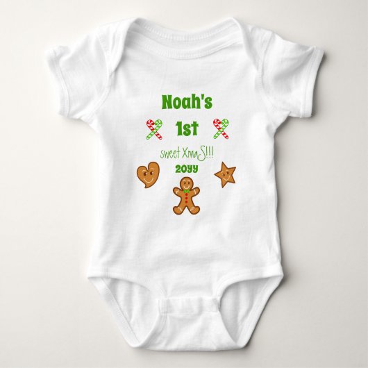 Baby 1e zoete XmaS Gingerbread Pals Groene Tekst Romper (Voorkant)