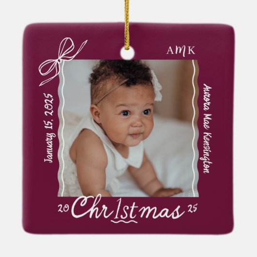 Baby 1st Christmas Minimal Hand Drawn Scribble Bow Keramisch Ornament (Achterkant)
