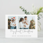 Baby 1st Kerstmis 2 Foto's Script Announce Feestdagenkaart (Staand voorkant)