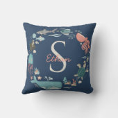 Baby 2 Namen Monogram Blauw Onder het Zee Octopus Kussen (Achterkant)