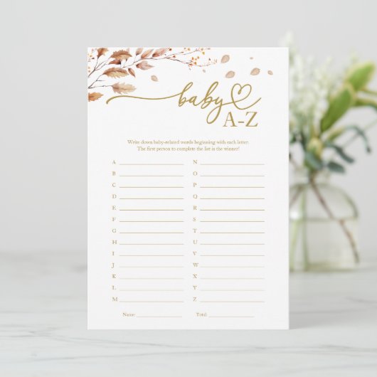 Baby A-Z Game Herfst Baby shower Kaart (Staand voorkant)