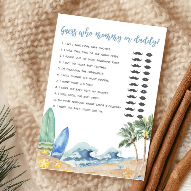Baby aan boord Beach Raad wie mama of papa spel (Surfing Summer Boy Baby Shower Guess who Mommy or Daddy Game)