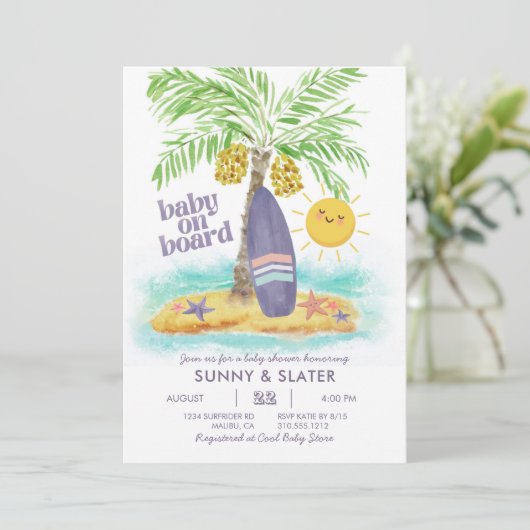 Baby aan boord | Beach Surf Baby shower Invitation Kaart (Staand voorkant)
