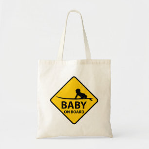 Baby aan boord grappig baby met surf board tote bag